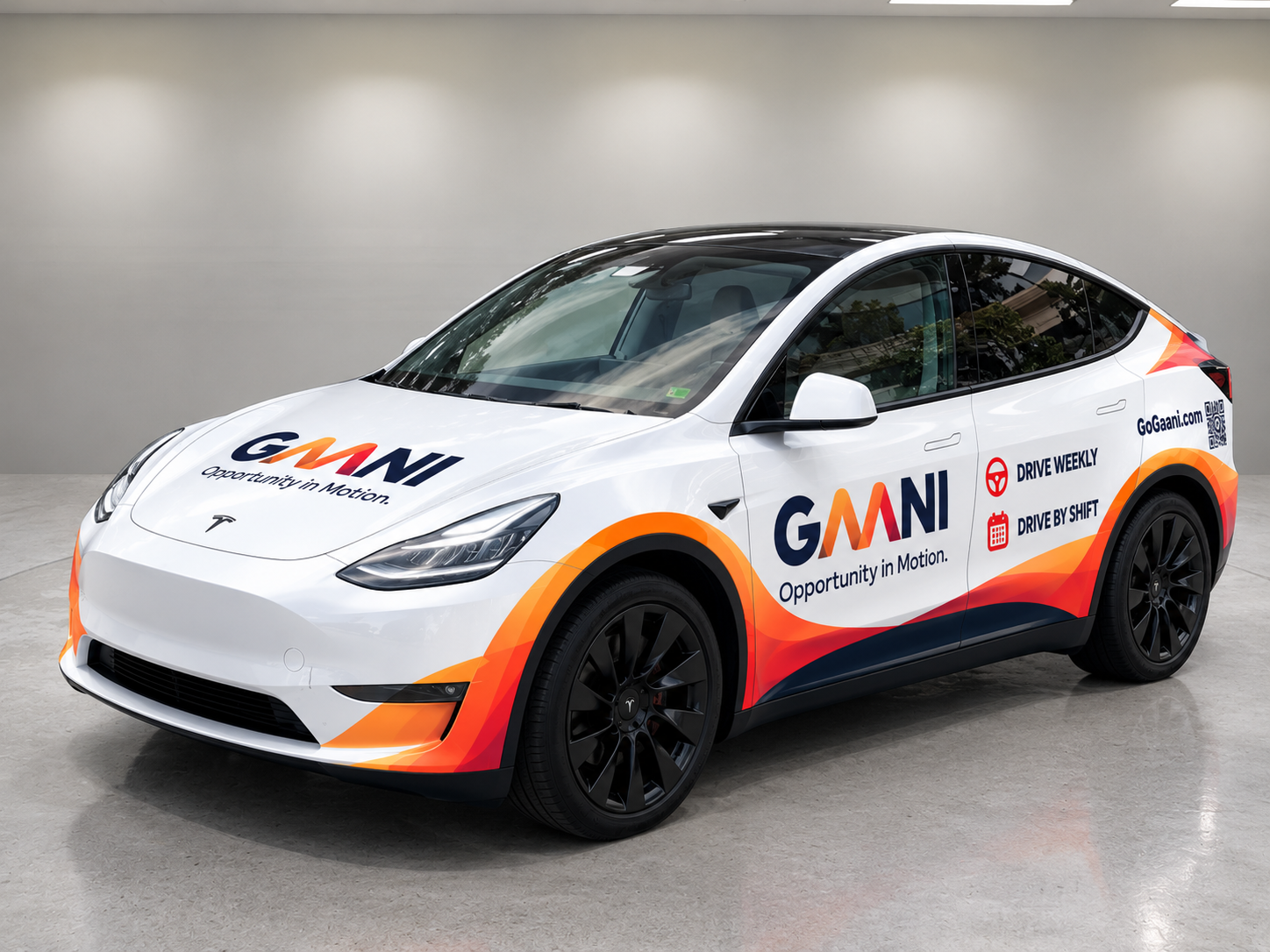 GAANI-wrapped white Tesla Model Y in a studio, showing the Opportunity in Motion wrap